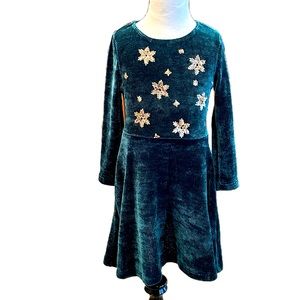 Lilt Girl Green with Golden Snowflakes Long Sleeve Festive Dress 7 NWT